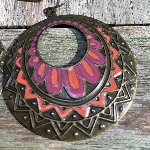 Bohemian Colorful Pattern Bronze Hoops - Picture 9 of 11
